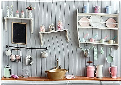 Kitchen shelf made from a wooden plank 