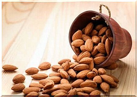 Almonds on a table.